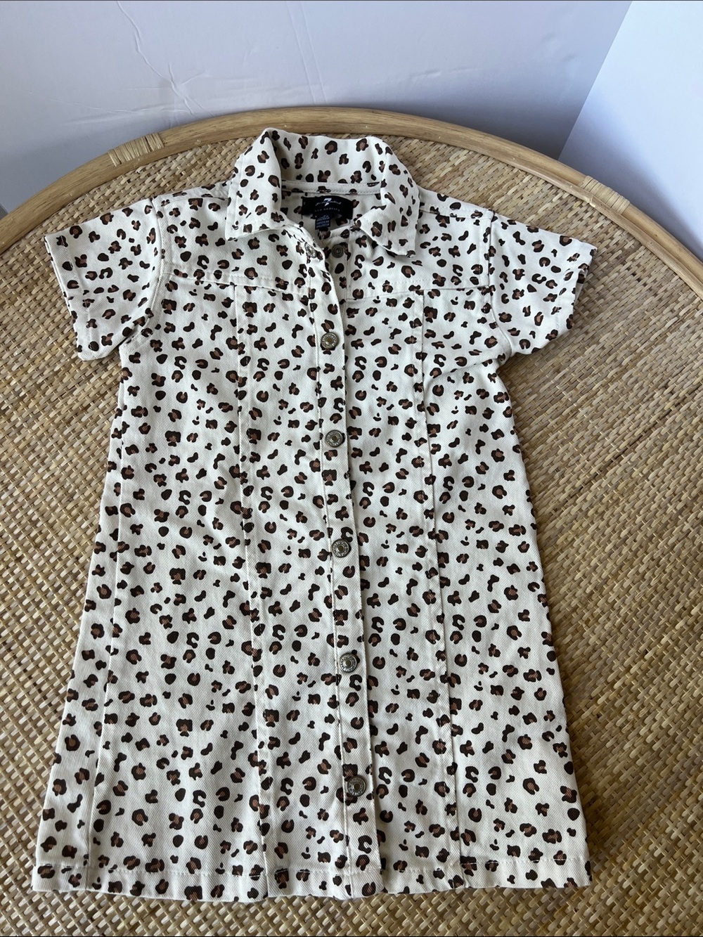 7 For All Mankind girls' cream leopard-print twill denim dress button up girls 5